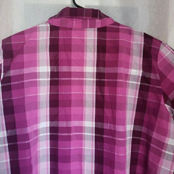 Woman Within Button Up Shirt 1X Plaid Classic Collar Hemline Styling Purple Pink - Picture 9 of 11
